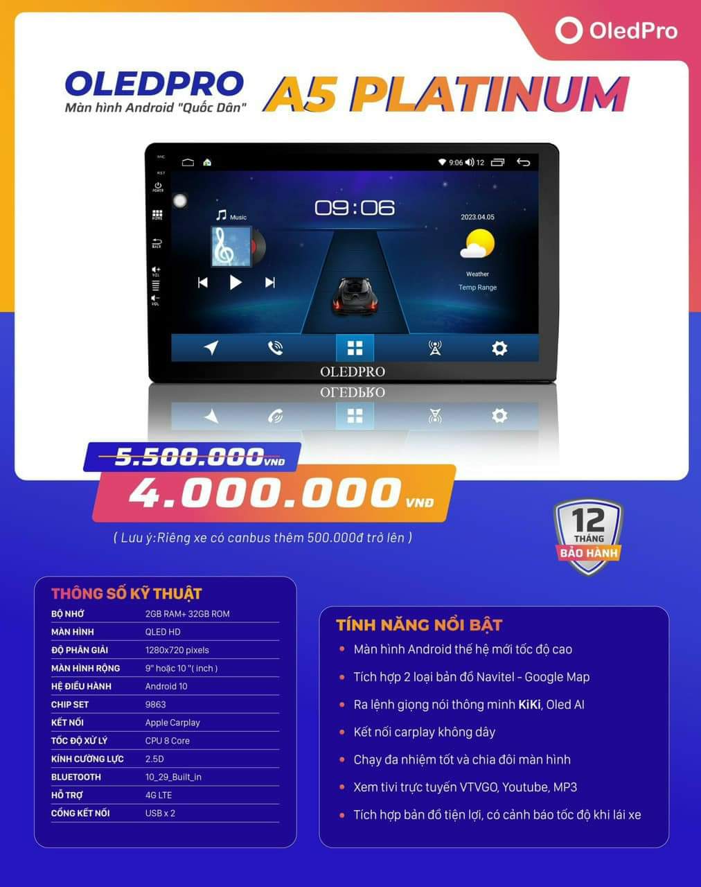 OLED A5 Platinum New | Màn hình thông minh Android ôtô