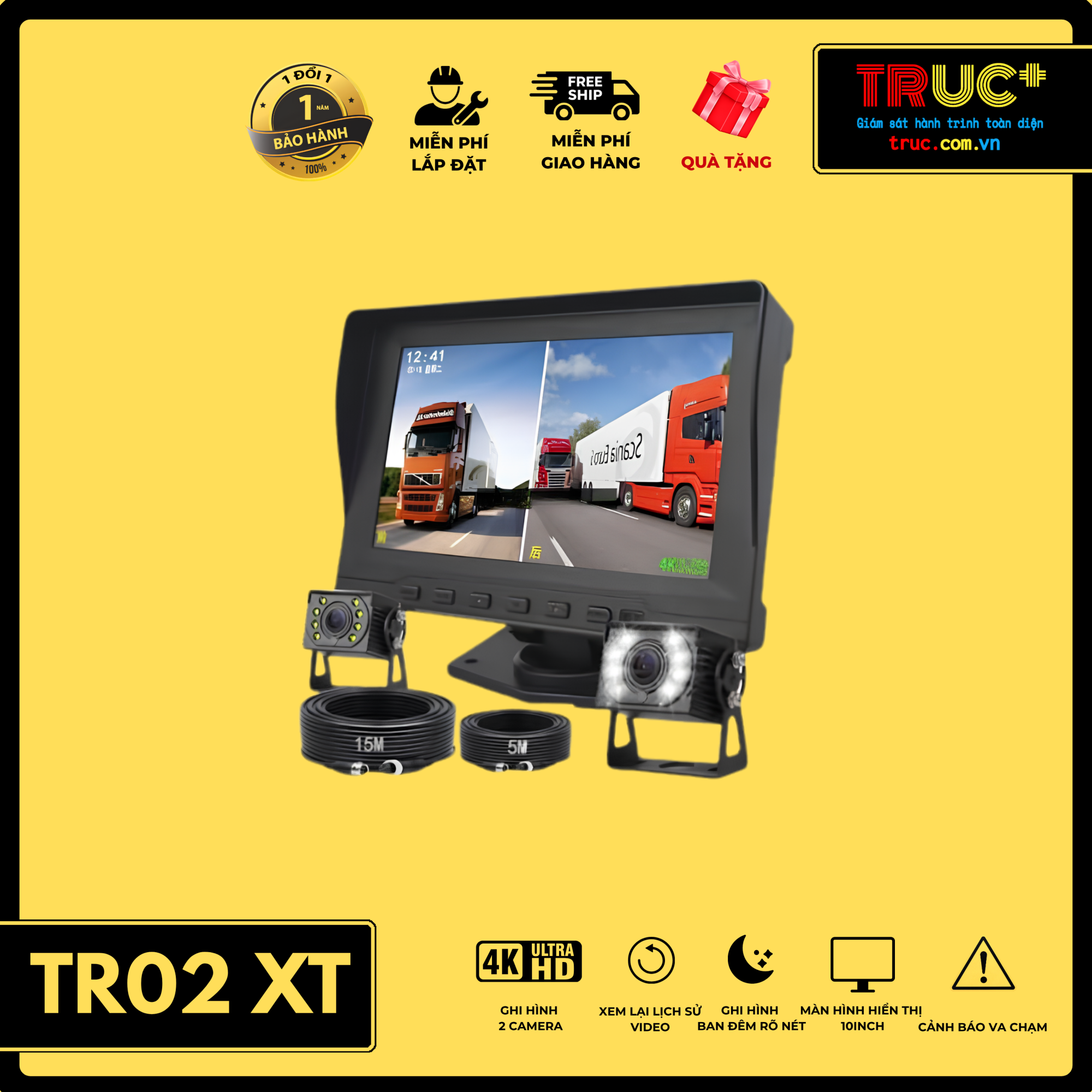 TR02 XT | Camera Hành Trình Ghi Hình Trước Sau Tích Hợp Camera Lùi Xe Tải Xe Đầu Kéo Xe Khách
