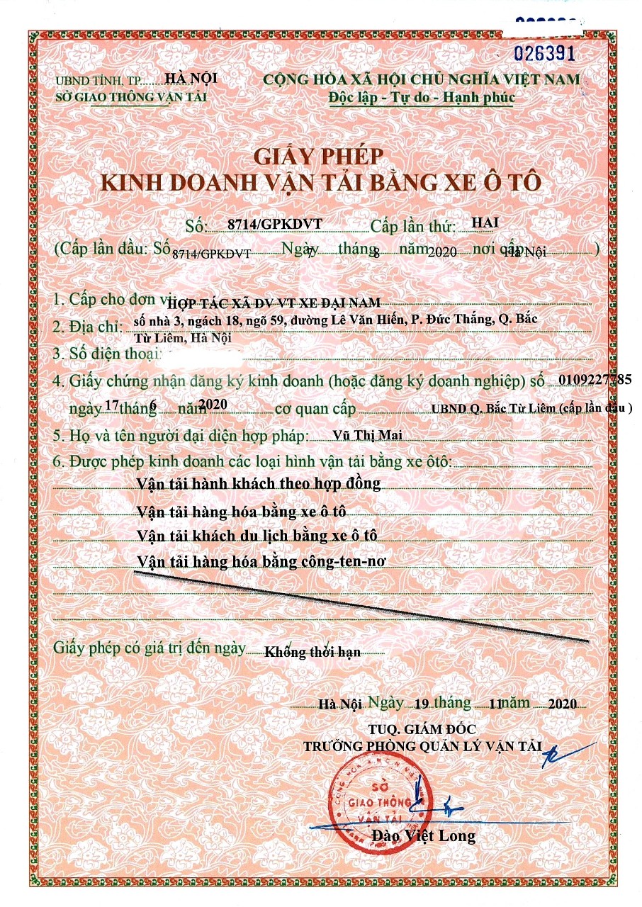 GIẤY PHÉP KINH DOANH PHÙ HIỆU XE VẬN TẢI